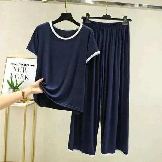 Dark Blue Tshirt With White Round Neck And Plaazzo Pajama (Half Seleeve) āØš