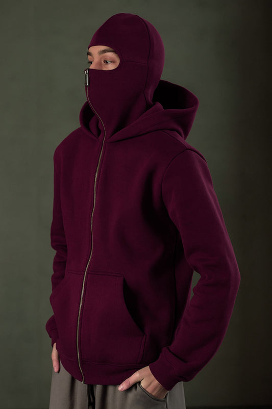 Maroon Balaclava Ninja Zipper Hoodie Jacket