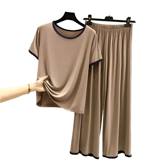 Plain Coffee Colour Tshirt With Black Round Neck And Plazo Pajama (Half Seeleve) 🤎