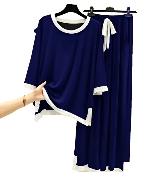 Navy Blue White Round Neck Plazzo PJ Set 💙