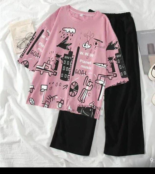 Pink Planet Music With Black Pajama Printed Night Suit 🩷💖