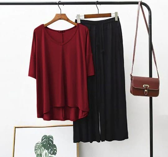 Plain maroon V Neck T Shirt with Black Plazzo 💖🛍️