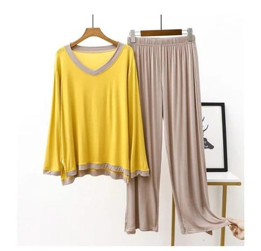 Yellow V-Neck T Shirt with Contrast Trouser PJ Set 🟡💖