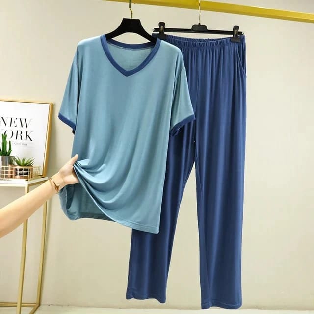 New Blue V Neck T-Shirt with Contrast Pocket Pajama 💖✨