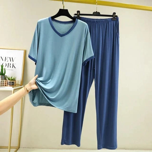 New Blue V Neck T-Shirt with Contrast Pocket Pajama 💖✨